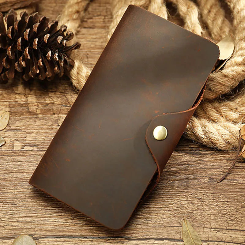 Men's Crazy Horse Leather Long Wallet Brown Real leather Trifold clutch snap purse Hasp purse with Phone pocket and coin pocket