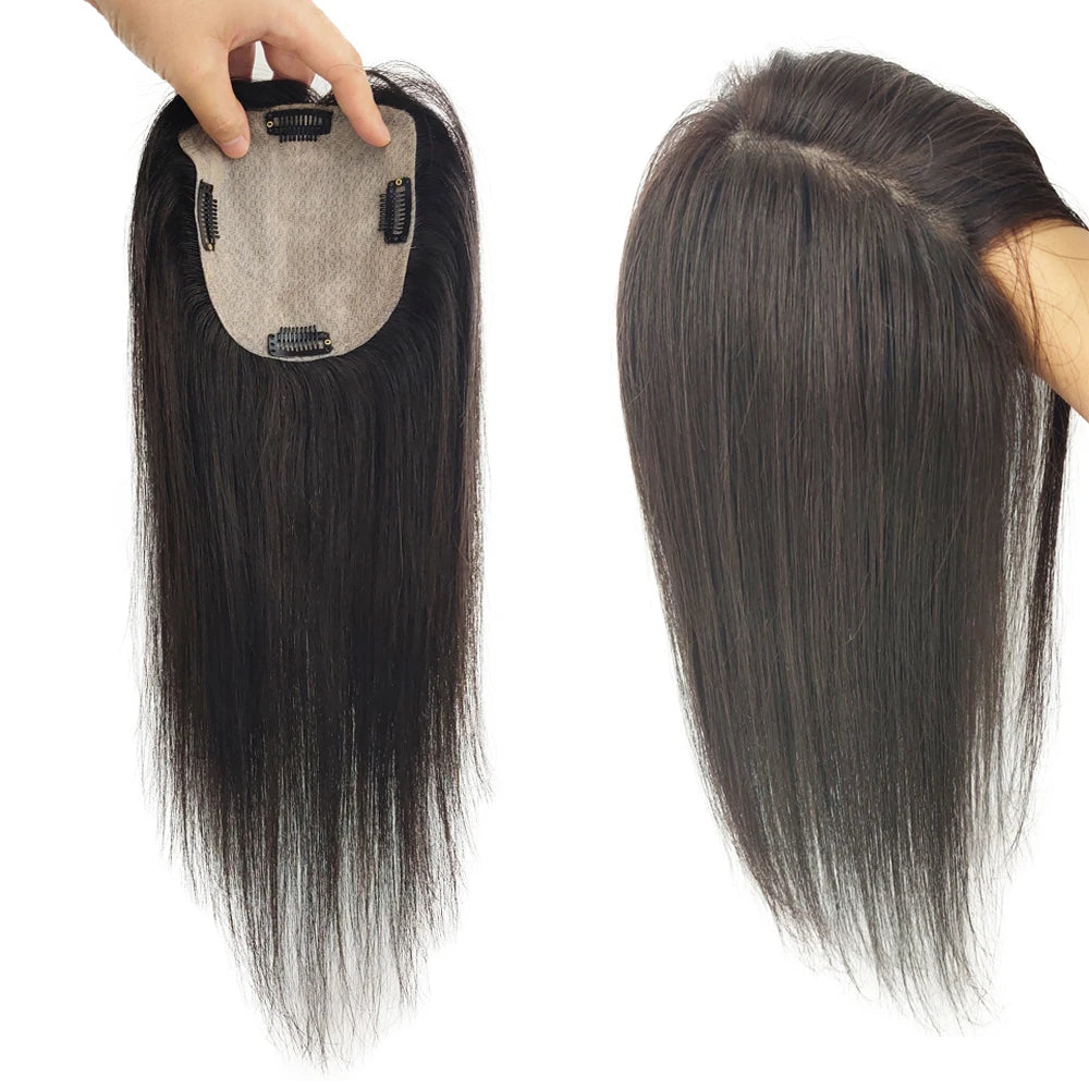 6X6inch Real Human Hair Topper for Women Virgin European Hair Toupee with Clips In Natural Hairline Scalp Base Fine Hairpiece