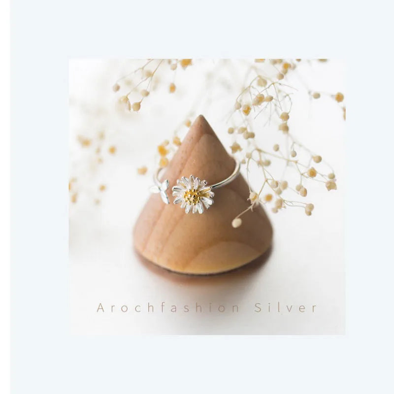 Vintage Daisy Flower Rings For Women Korean Style Adjustable Opening Finger Ring Bride Wedding Engagement Statement Jewelry Gif