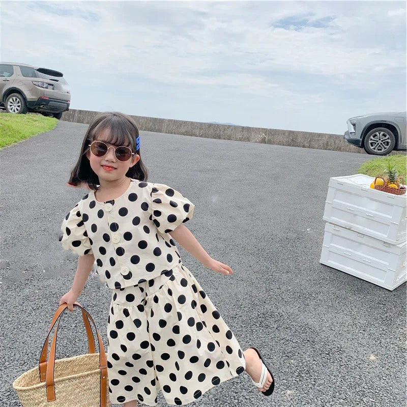 Summer Girls' Clothing Sets Fashion Single-breasted Polka Dot Girls' Shirt Top+Culottes Baby Kids Clothes Suit Children Clothing