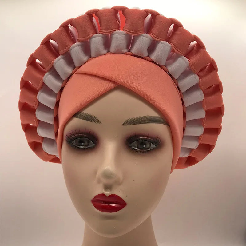2022 Fashion African Turbans for Women Ready to Wear Auto Gele Headties Nigerian Aso Oke Head Wraps for Traditional Wedding