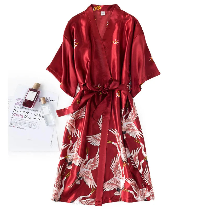 Burgundy Women 2PCS Faux Silk Kimono Robe Gown Sets Sexy Print Crane Nightdress &Bathrobe Lingerie Nightgown Summer Sleepwear