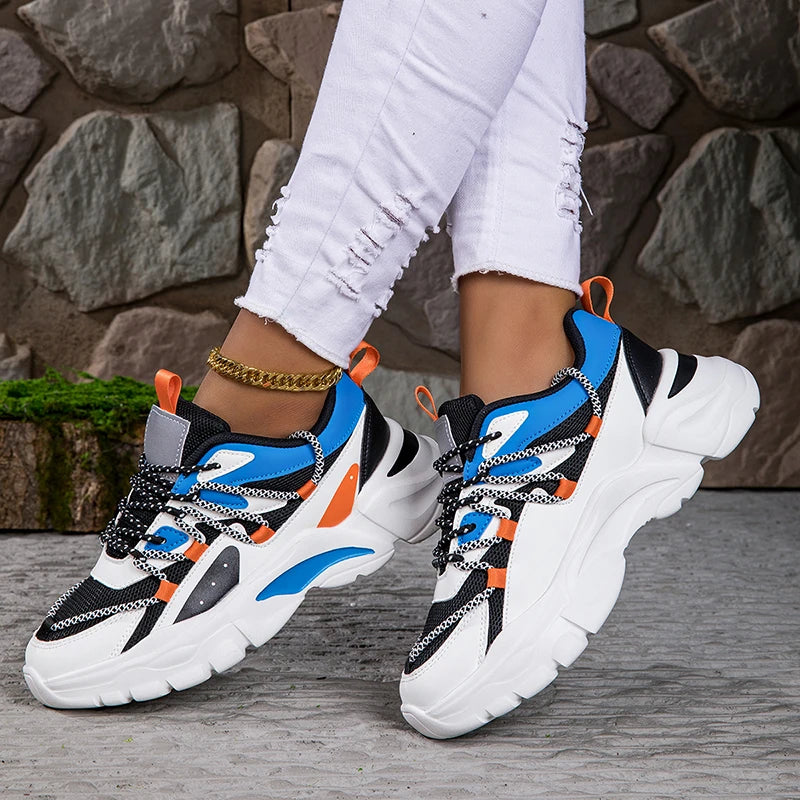 Hot Sale Zapatillas PU Thick Sole Shoes Flat Non-Slip Platform Running Shoes Casual Chunky Sneakers for Outdoor Ladies