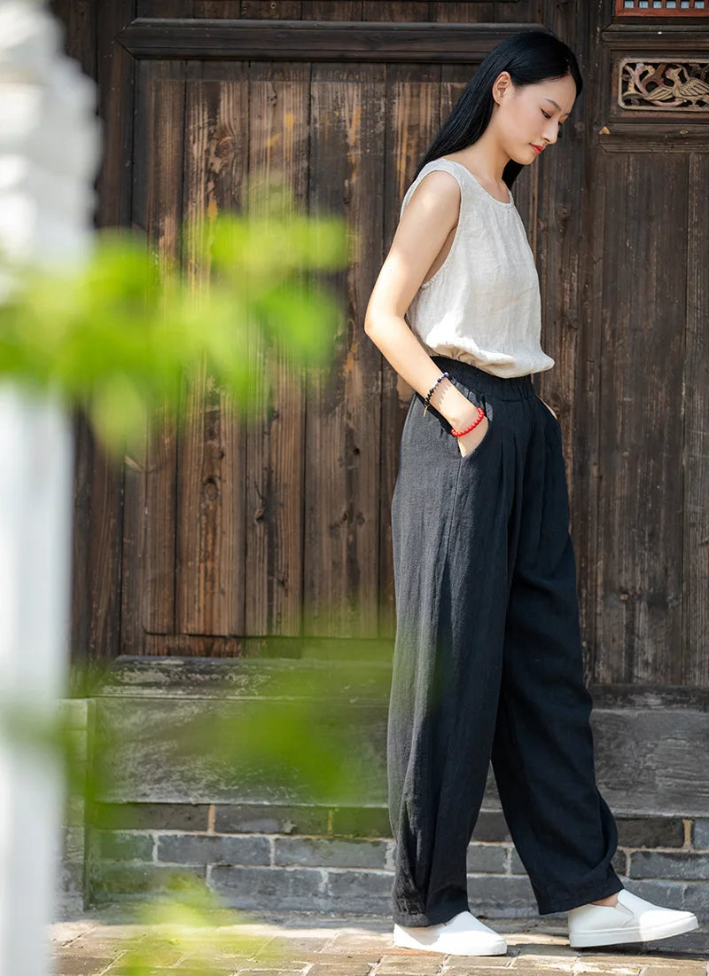 Johnature Women Loose Cotton Linen Casual Pants Solid Color Elastic Waist Lantern Pants 2025 Spring New Female Trousers