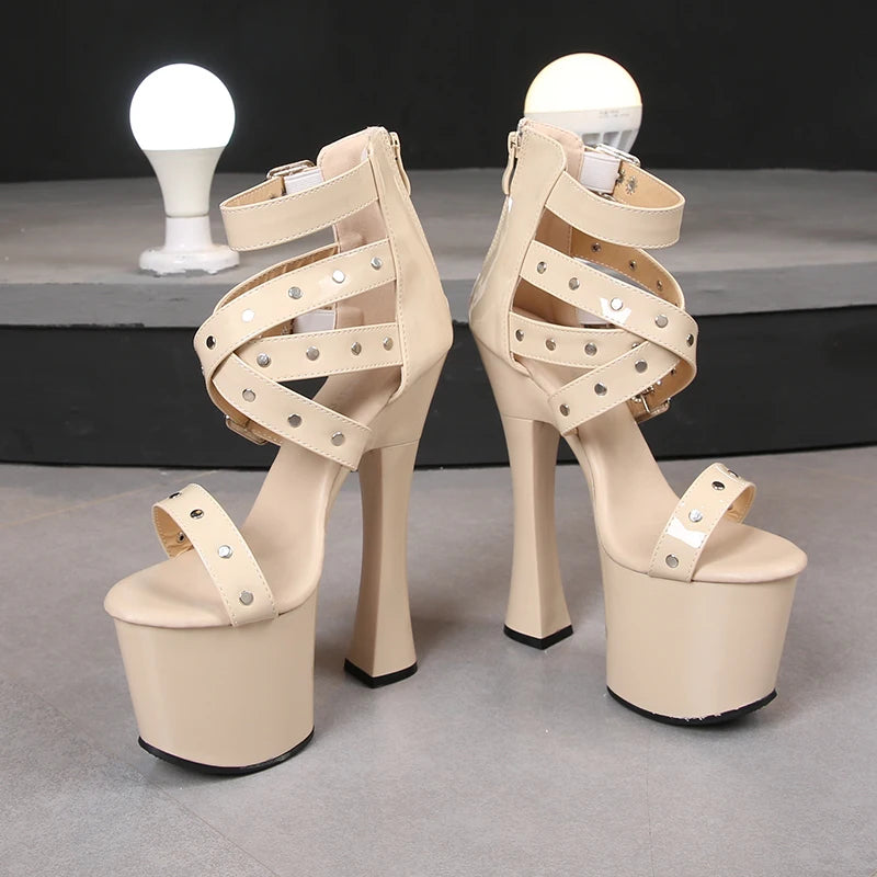 Summer Night Club Women Rivets Sandals 2021 New Thick High Heel Platform Lady Open Toe High Heels Fashion Belt Buckle Zip Shoes