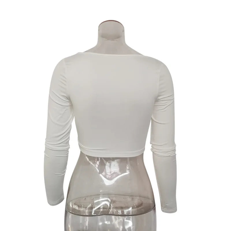 Women Summer Spring Crop Top Square Neck Long Sleeve Black White Tee