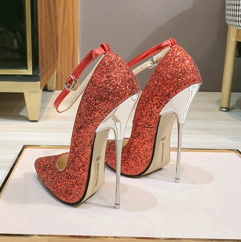 LLXF Spring 16cm Thin High Heels Shoes Woman Bling Pumps Sexy Nightclub Light Mouth Dance Pointed Toe Stilettos US11 12 13 14 15