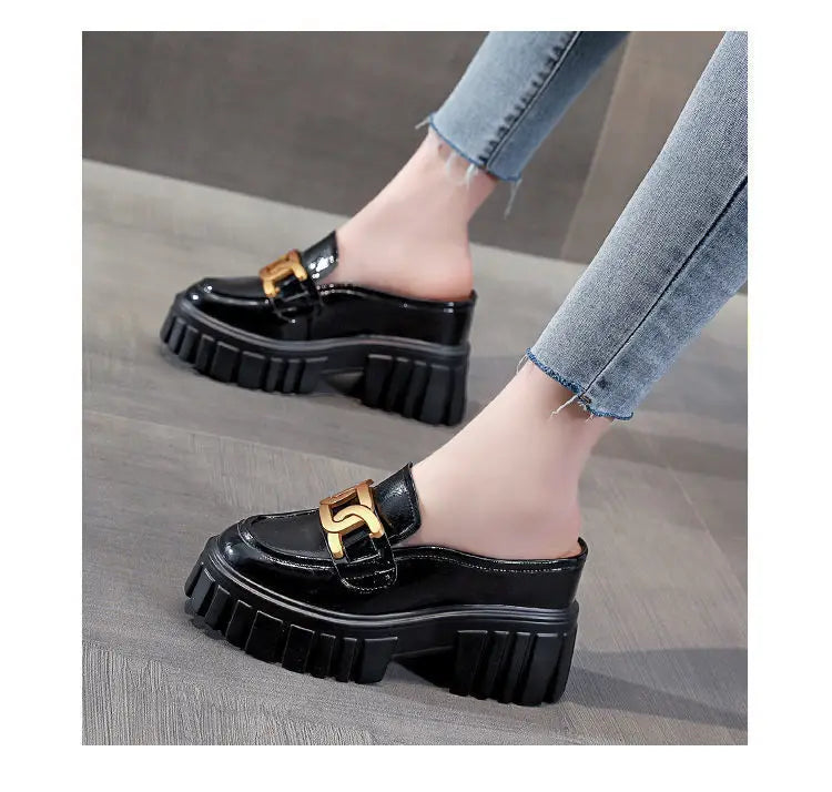 Leather Closed Toe Half Slippers Women Summer 2023 New Fashion Thick Bottom Internet Celebrity Lazy Sandals Shoes Women