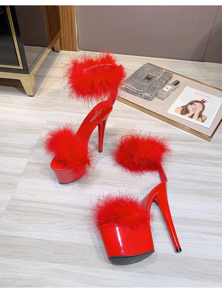 17CM Fur Womens Party Shoes Fashion 2023 Summer Sexy Exquisite Open Toe Ladies Shoes Female Stiletto Super High Heel Sandals