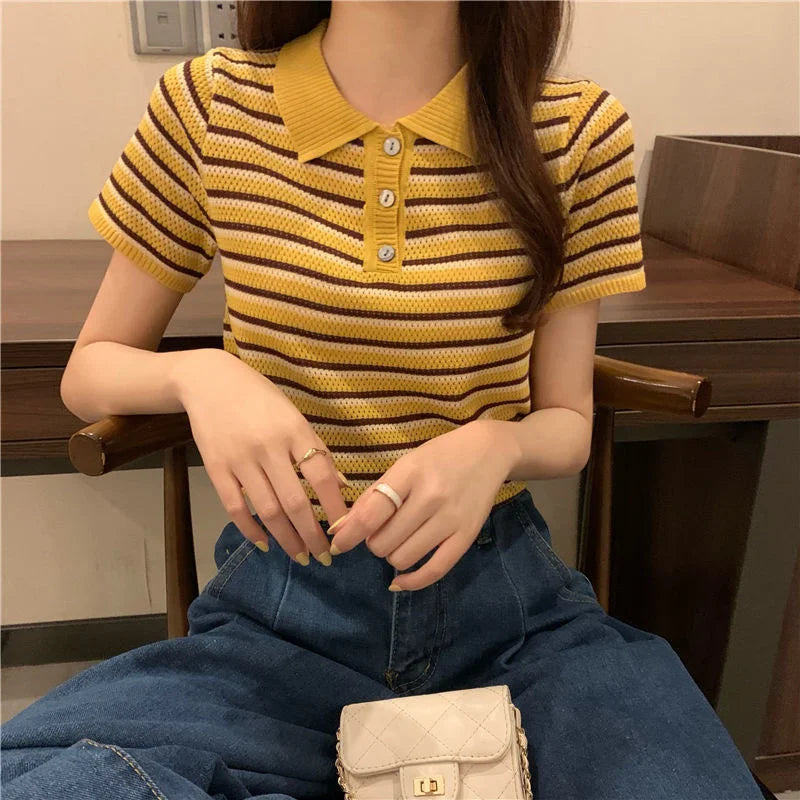 Woman TShirts Top Summer Women's 2021 Striped Knitted Short-Sleeved  Crop Top Mujer Camisetas