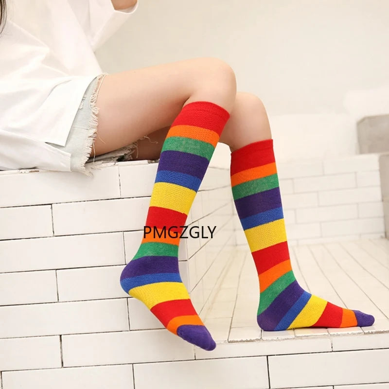 Children Socks Girls Socks Knee Casual Fashion Rainbow Striped Printing Knee Socks Kids Breathable Cotton Girl Socks