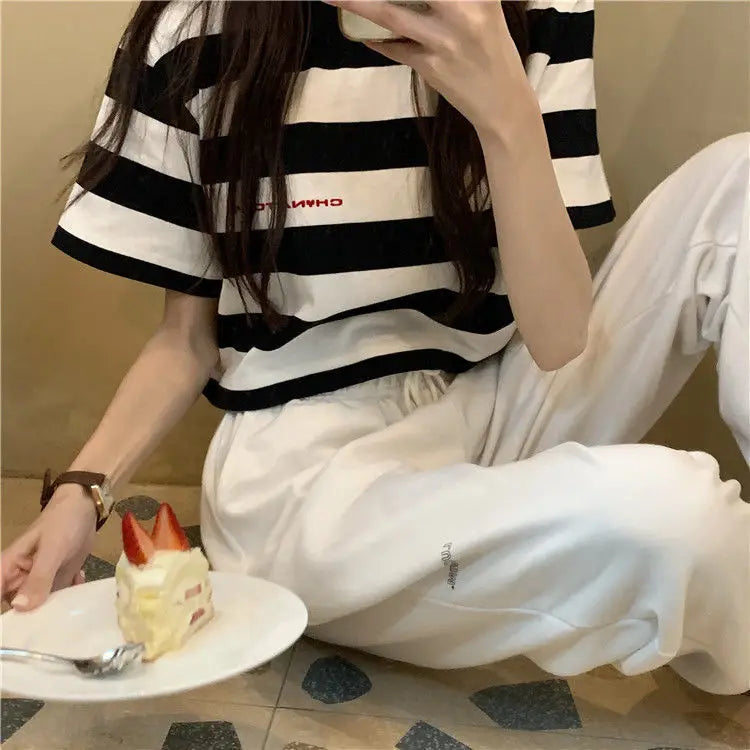 Black White Striped Cropped Top Women Summer New Korean Loose Short-sleeved T-shirt Fashion Egirl Letter Print Oversized Shirt
