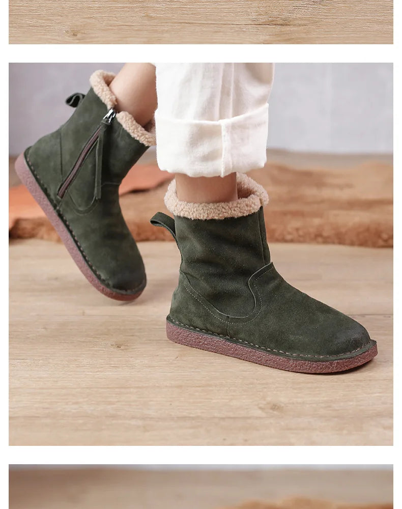 Careaymade-Genuine cow leather Snow cotton round head flats woolen short boots plush warm snow boots Oversized shoes size 35-43