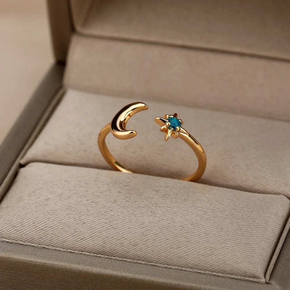 Zircon Moon Star Rings For Women Stainless Steel Glowing Moon Star Adjustable Finger Ring Aesthetic Wedding Jewelery Gift Femme