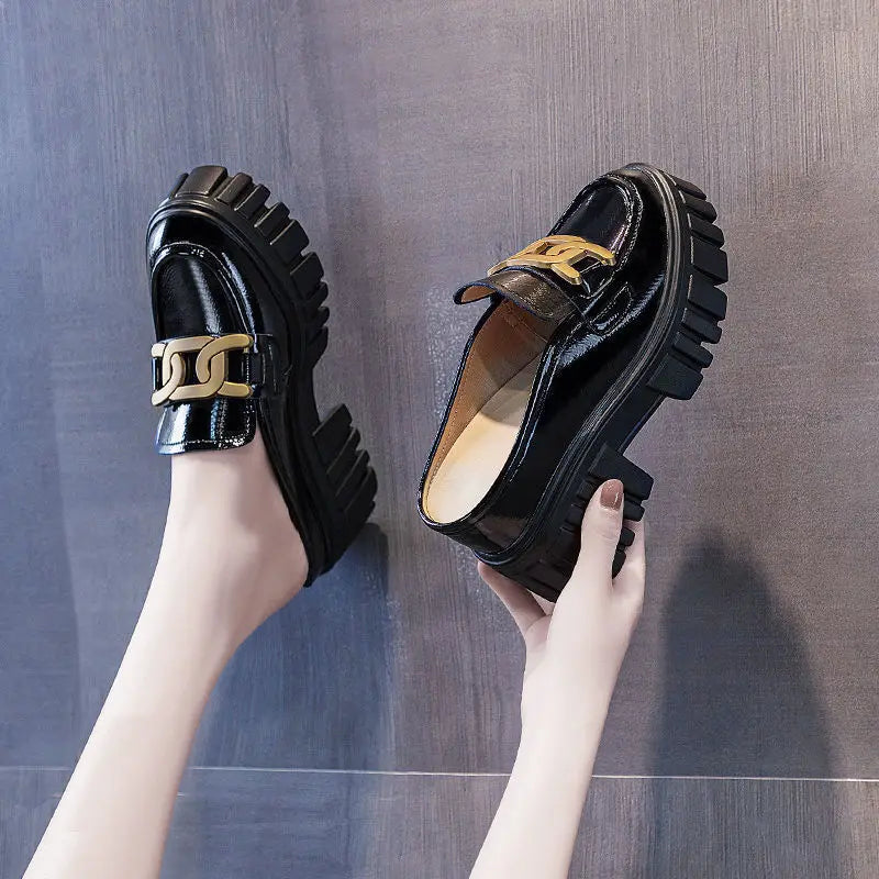 Leather Closed Toe Half Slippers Women Summer 2023 New Fashion Thick Bottom Internet Celebrity Lazy Sandals Shoes Women