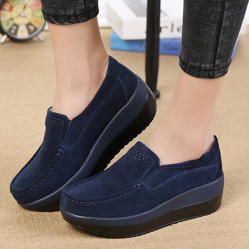 Women's Spring Autumn Genuine Leather Loafers - Fall Slip-On Round Toe Navy Platform Casual Flat Shoes