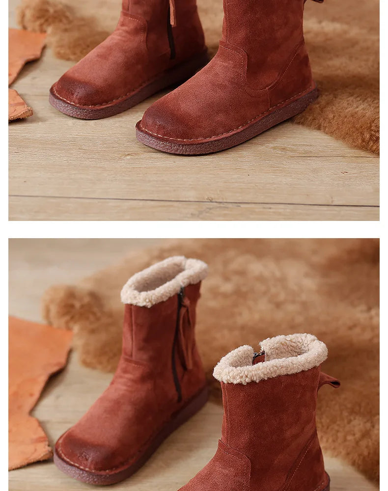 Careaymade-Genuine cow leather Snow cotton round head flats woolen short boots plush warm snow boots Oversized shoes size 35-43