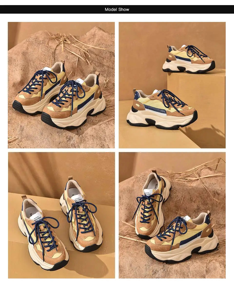 BeauToday Casual Sneakers Women Suede Leather Breathable Mesh Mixed Color Thick Sole Platform Shoes Ladies Flats Handmade 29430