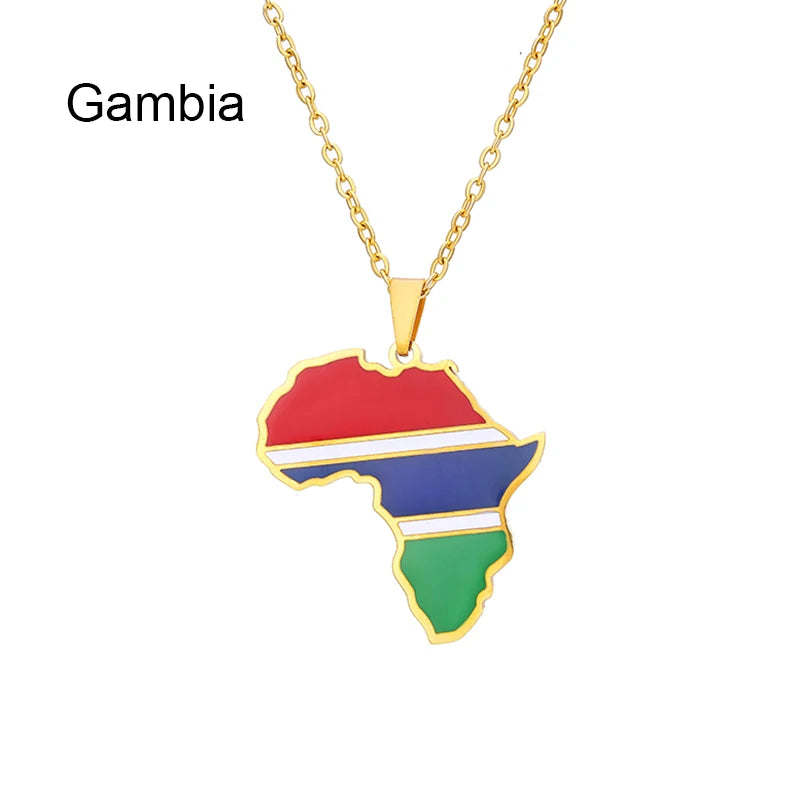 African Map Flag Pendant Necklace Stainless Steel Men Women Rwanda Sudan Uganda Zimbabwe Zambia Ethnic Maps Jewelry Gift