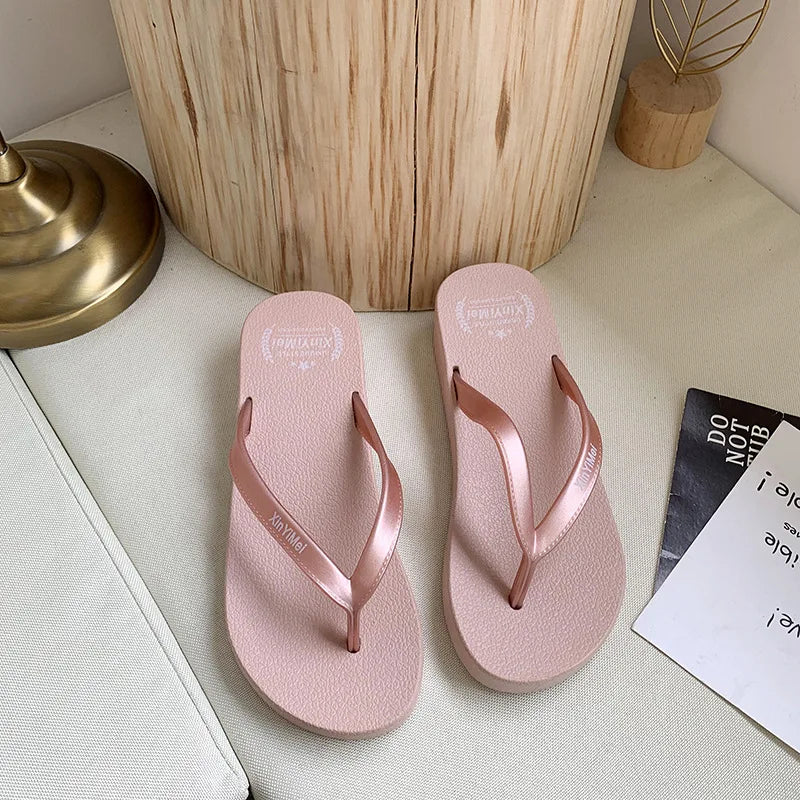 EOFK Women Flip Flops Wedges Casual Shinny Beach 3.5 Cm Height PVC Solid Summer Outside Slippers Soft Shoes