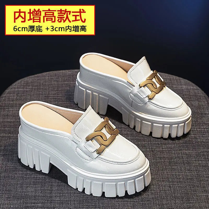Leather Closed Toe Half Slippers Women Summer 2023 New Fashion Thick Bottom Internet Celebrity Lazy Sandals Shoes Women