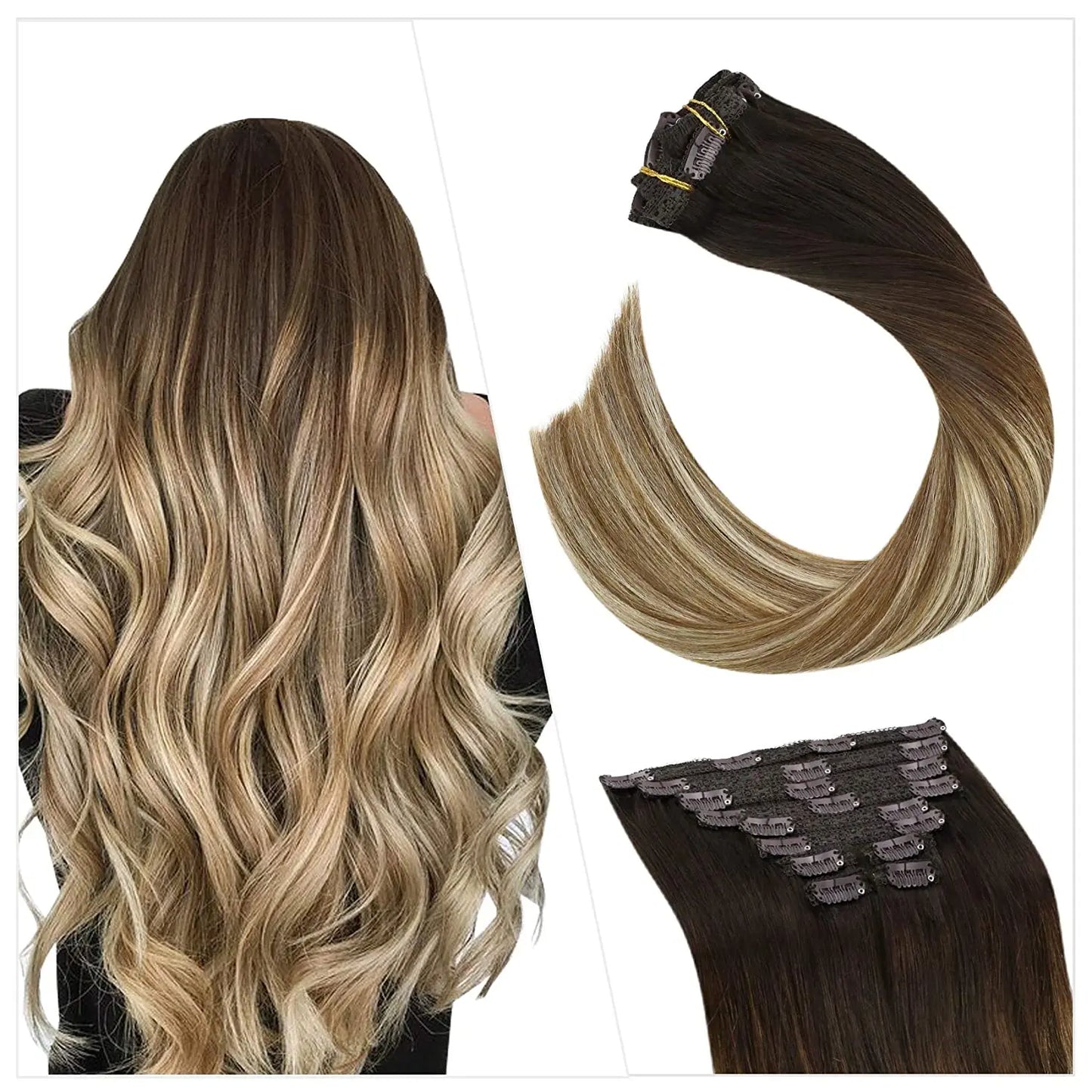 Ugeat Clip In Human Hair Extensions Blonde Color Seamless Invisible Full Head Balayage Soft Remy Hair Extensions For Salon