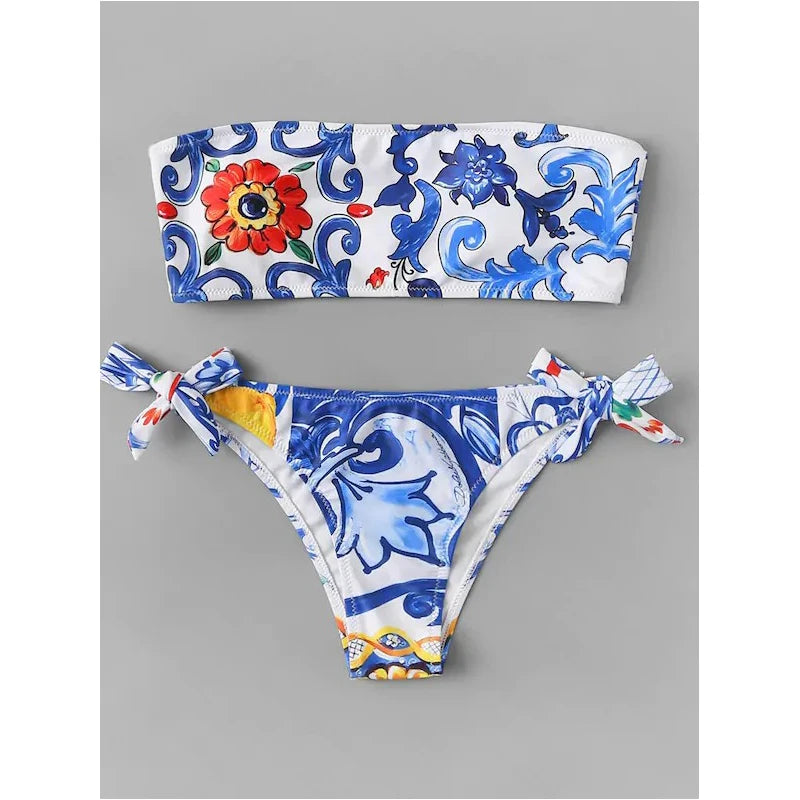 Sexy Digital Print Ethnic Style Tube Top Bikini European And American Swimwear Ladies Swimwear Beachwear New
