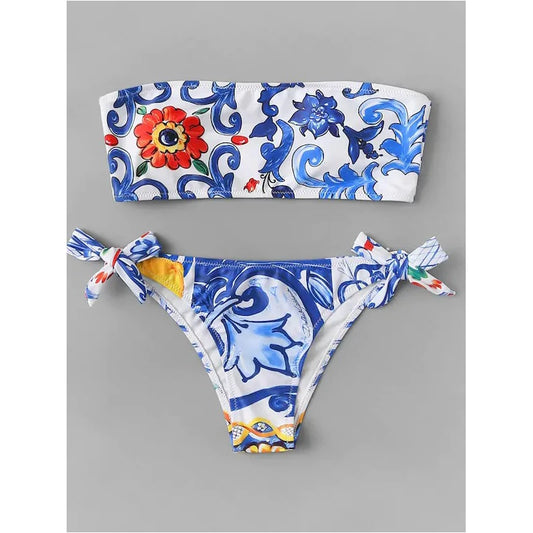 Sexy Digital Print Ethnic Style Tube Top Bikini European And American Swimwear Ladies Swimwear Beachwear New