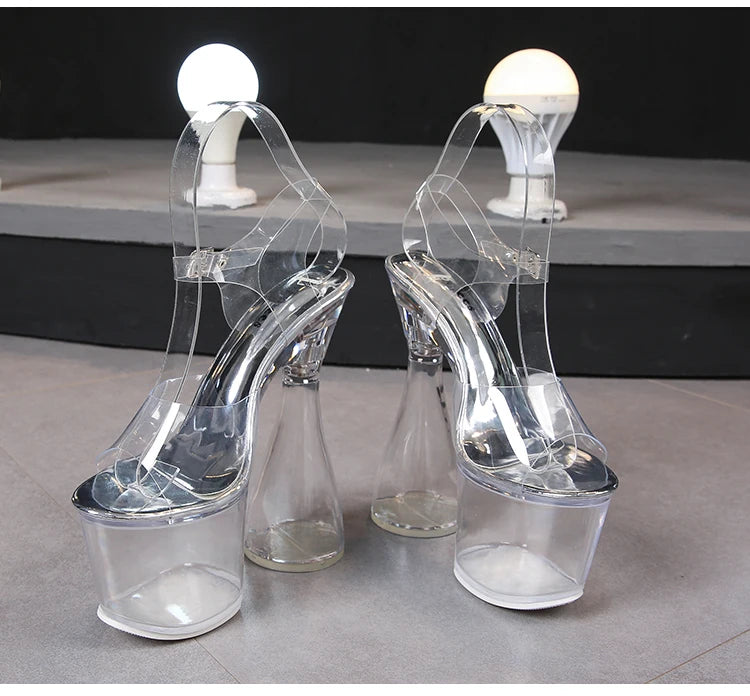 Women High Heels Summer 17.5CM Transparent Ladies Silver Party PVC Sandals Sexy Female Open Toe High Platform Nightclub Shoes