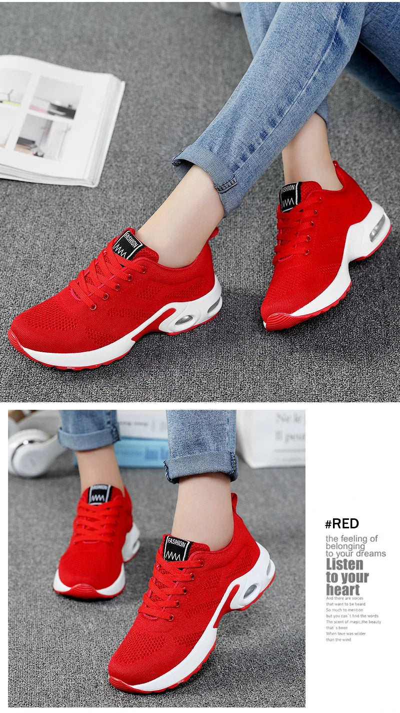 Women's Fashion Air Cushion Sports Running Flat Soft Bottom Sneaker Mesh Breathable Casual Shoes