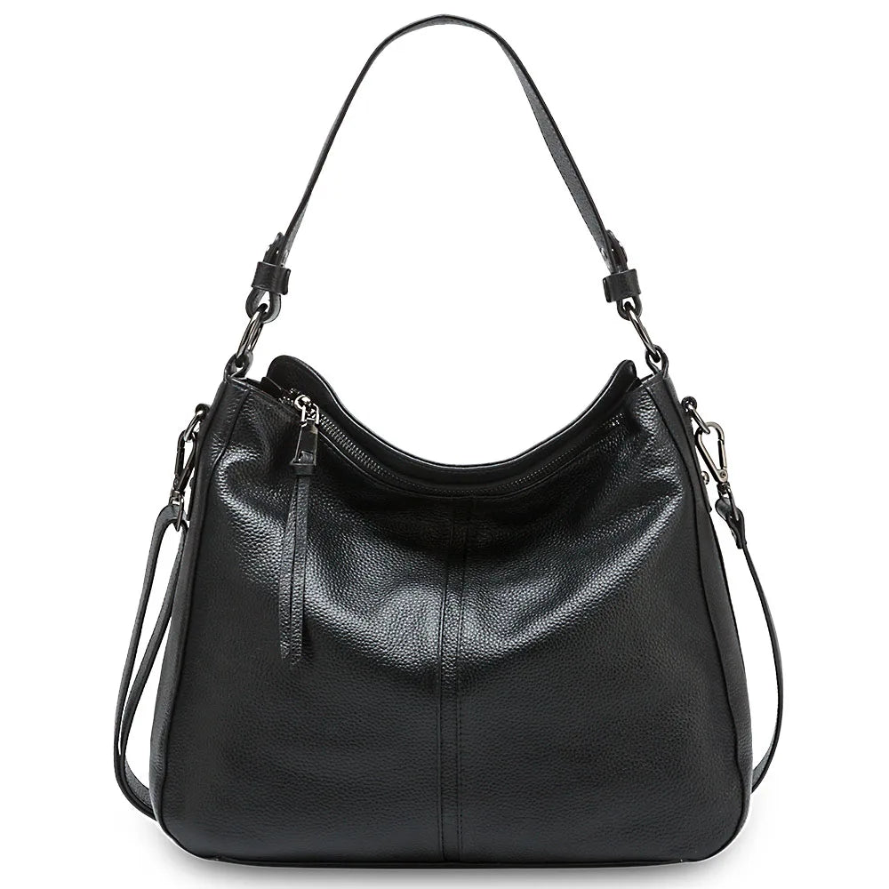 Zency 100% Genuine Leather Elegant Women Shoulder Bag Classic Black Hobos Roomy Casual Tote Handbag Crossbody Messenger Grey