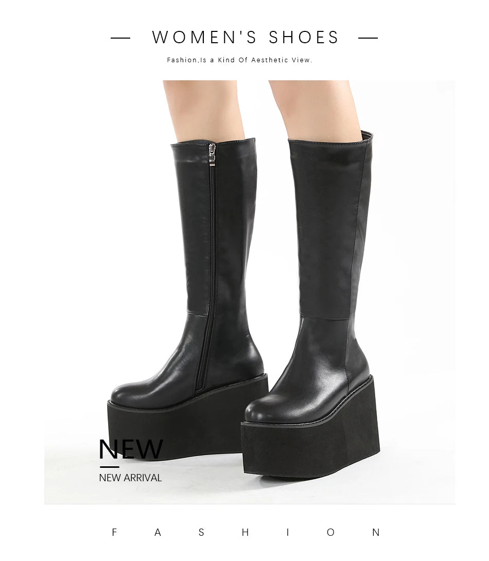 Gdgydh Matte Black Knee High Boots Women Platform Wedges High Heels Thick Bottom Ladies INS Hot Winter Fashion Elegant Drop Ship