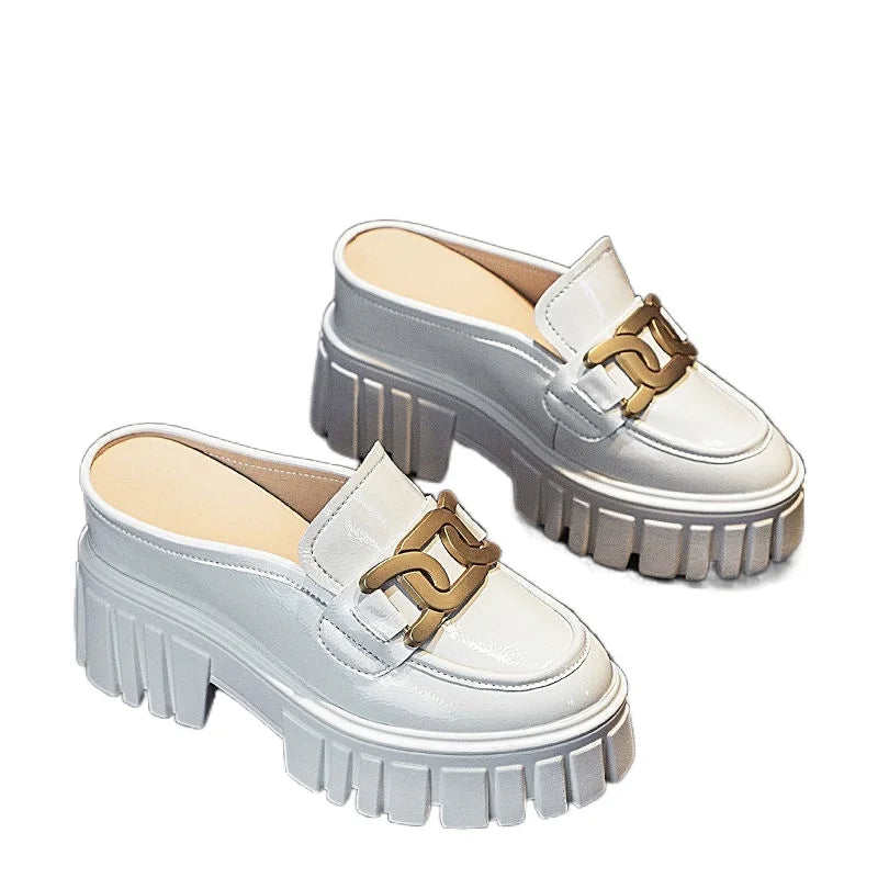 Leather Closed Toe Half Slippers Women Summer 2023 New Fashion Thick Bottom Internet Celebrity Lazy Sandals Shoes Women