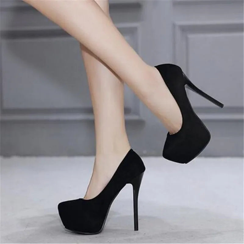 Women's Super High Heels Flock Platform Pumps Night Club Sexy Thin Heel plus Size Big Footwear 14cm