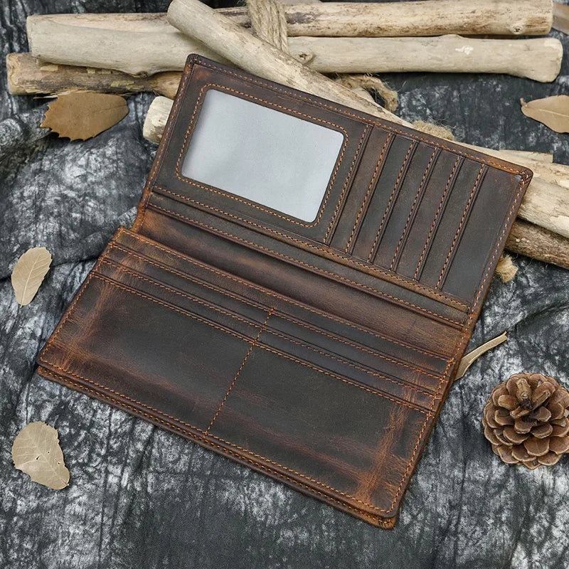 Men's Crazy Horse Leather Long Wallet Brown Real leather Trifold clutch snap purse Hasp purse with Phone pocket and coin pocket