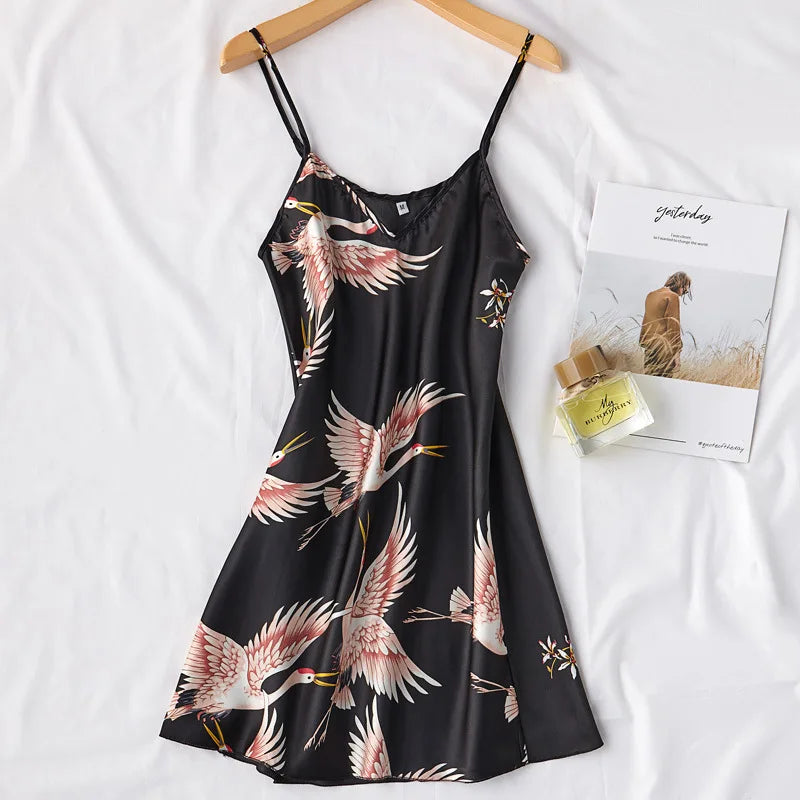 Burgundy Women 2PCS Faux Silk Kimono Robe Gown Sets Sexy Print Crane Nightdress &Bathrobe Lingerie Nightgown Summer Sleepwear