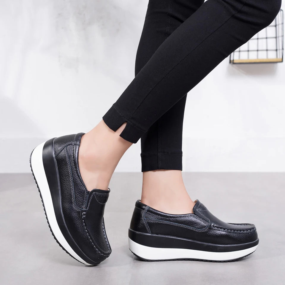 Women's Spring Autumn Genuine Leather Loafers - Fall Slip-On Round Toe Navy Platform Casual Flat Shoes
