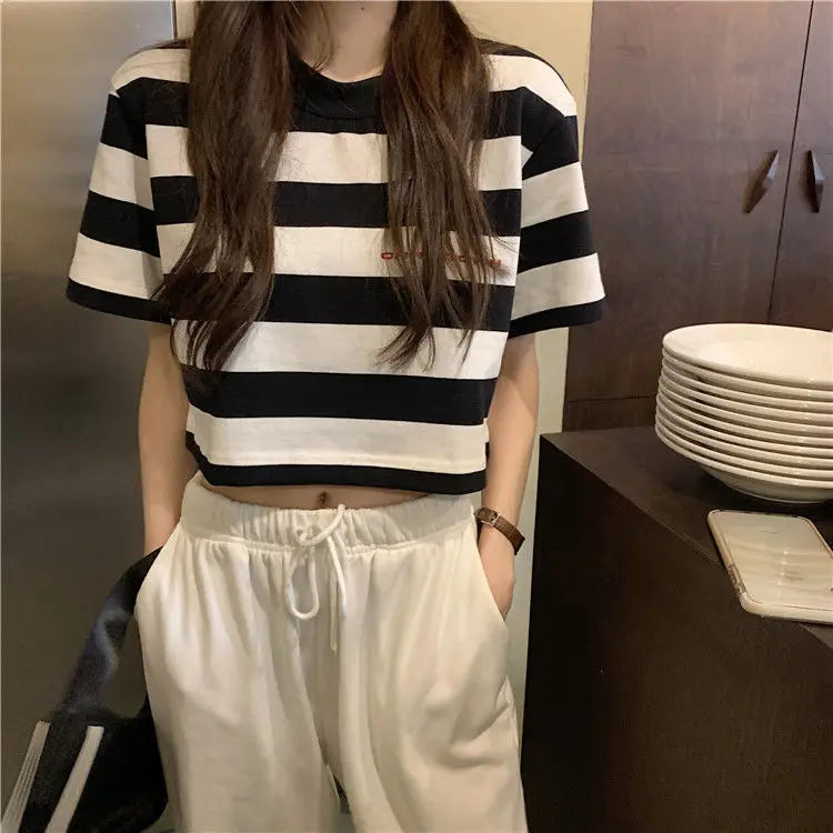 Black White Striped Cropped Top Women Summer New Korean Loose Short-sleeved T-shirt Fashion Egirl Letter Print Oversized Shirt