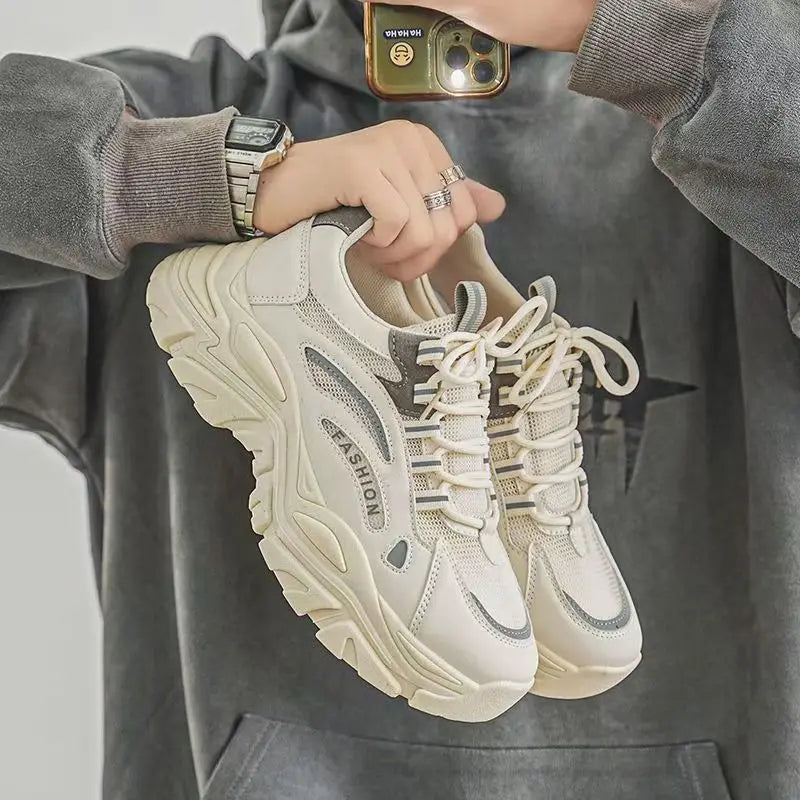 Sporty Breathable Elevated High-end Comfortable Anti-slip Anti-odor Light Weight Mesh Genuine Leather Lace-up Running Shoes
