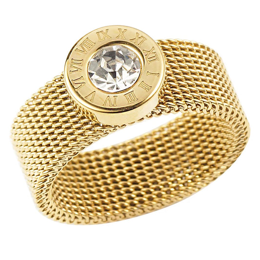 Stainless Steel Gold Color Ring Big Round Crystal Mesh Finger Ring Roman Numerals Rings for Women Men Fashion  Jewelry