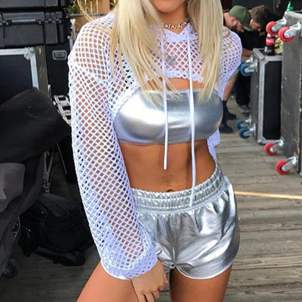 Hot Women t shirt Casual Vest Bra Cover Fish Net Hollow out Drawstring Micro Length Hoodie Crop Tanks Top Oversize Women t shirt