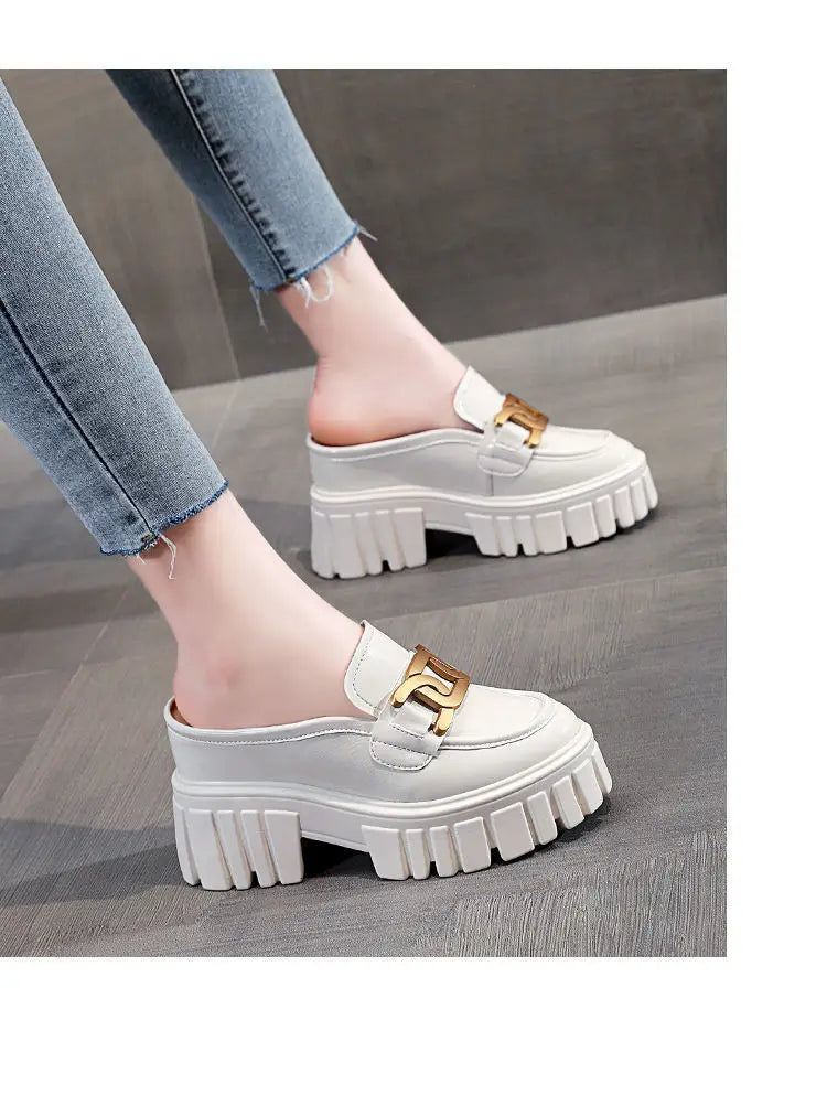 Leather Closed Toe Half Slippers Women Summer 2023 New Fashion Thick Bottom Internet Celebrity Lazy Sandals Shoes Women