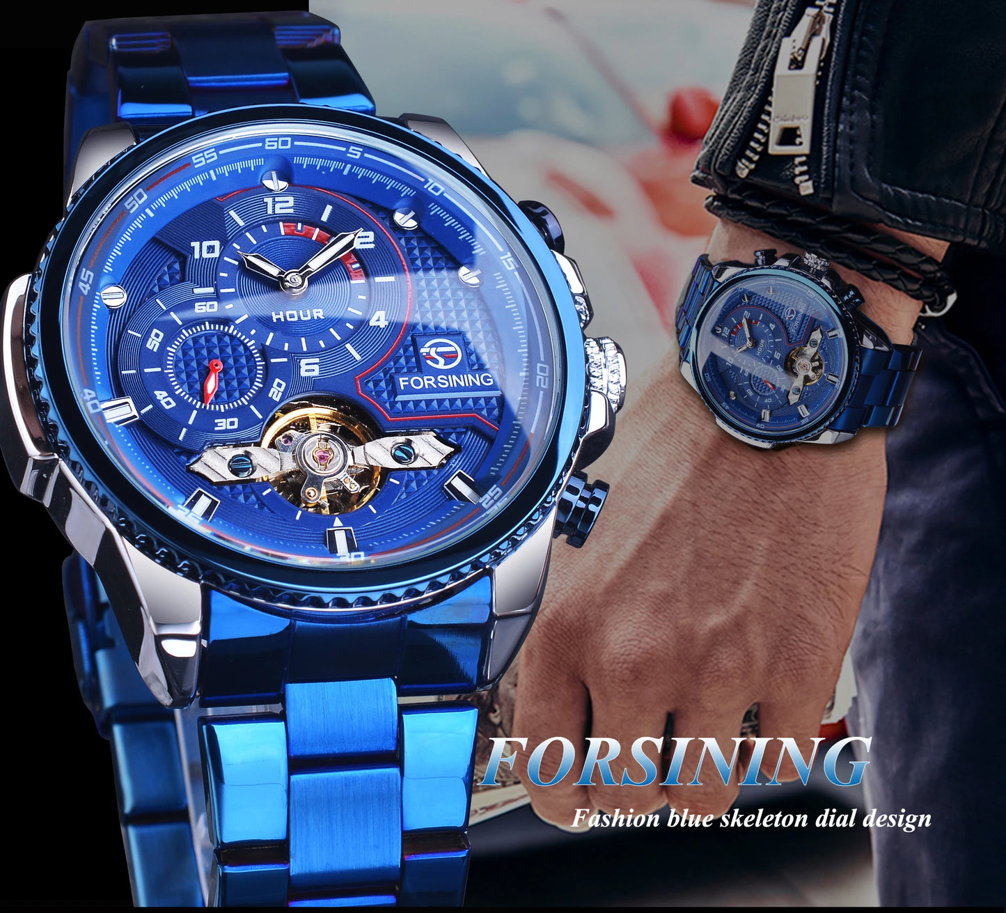Forsining Mens Automatic Mechanical Watch Tourbillon Wristwatches Men Waterproof Watches Bule Luxury Wrist Watch Relojes Hombre