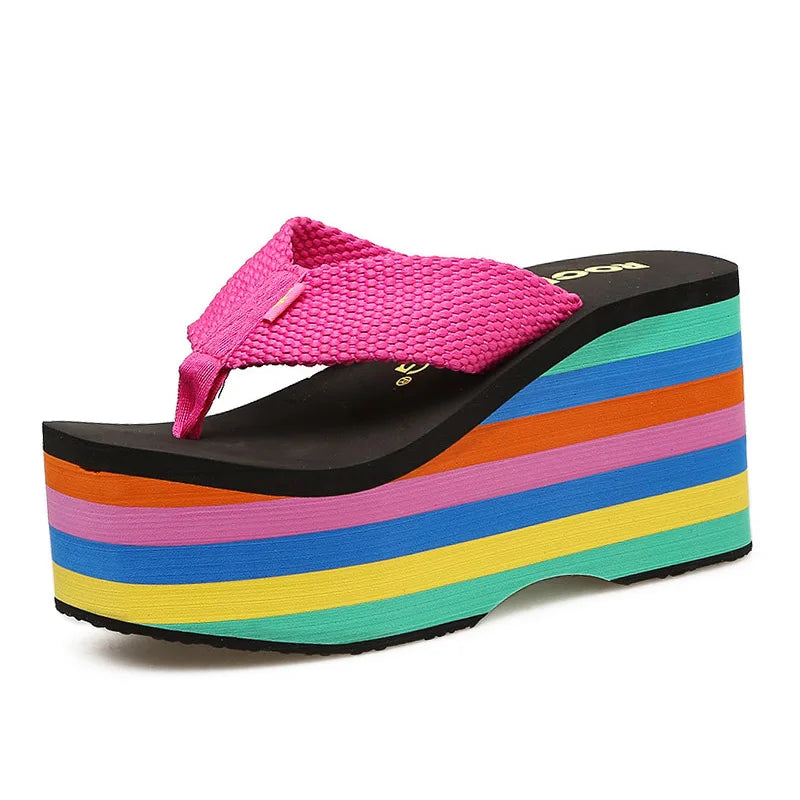 Women Flip Flops Beach Shoes Wedge Sandals Super High 10CM Heels Casual Peep Toe Platform Slippers Rainbow Summer Woman Slippers