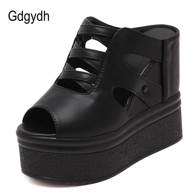 Gdgydh Open Toe Platform Mules Sandals Wedges Shoes For Women American High Heels Hollow Out Black Vegan Leather Backless