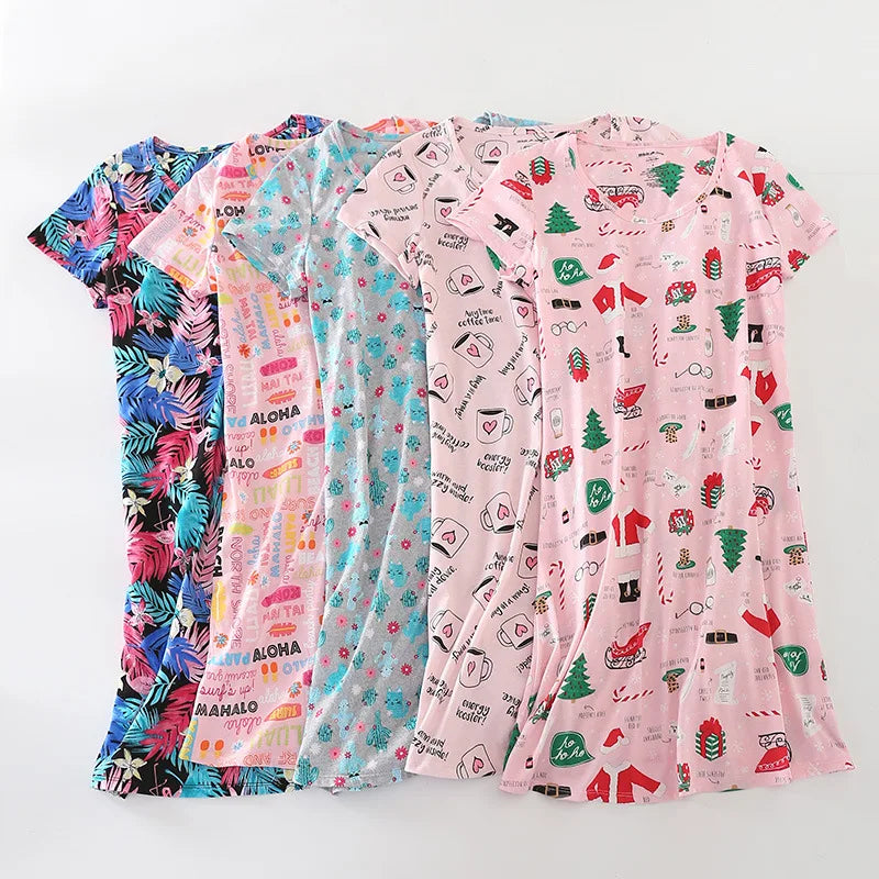Summer Women Casual Cartoon Sleep Dress 100% Cotton Nightgown Plus Size Dresses Women Chemise de nuit Short Sleeve Home Dress