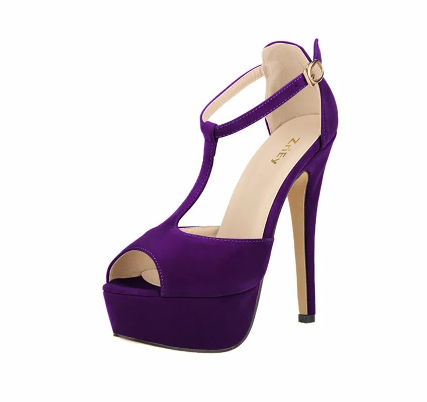 2026 New Women Platform Suede High Heels Sandals 14CM Sexy Peep Toe Ankle Strap Stilettos Pumps T-Strap Party Wedding Shoes