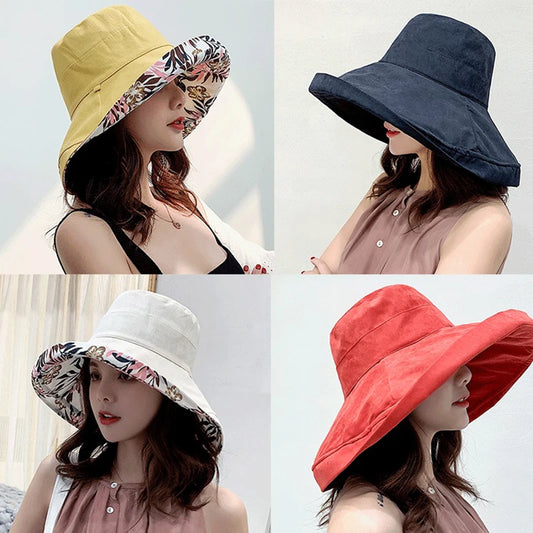 K34 Women's Hat Bucket hat Panamanian Women  Four Seasons Fisherman Hat Big Brim Hat Double-Sided Fisherman Hat Sun Visor Sunhat
