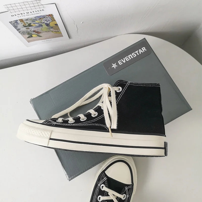 Classic Solid Black Unisex Canvas Shoes  New Spring High-top Outdoor Casual Sneakers Comfortable Breathable Footwear 35-44