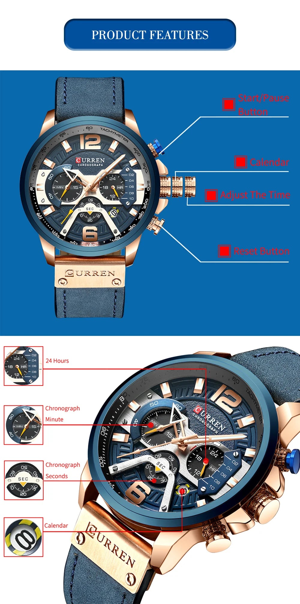 CURREN New Men's Casual Sports Chronograph Blue Top Brand Luxury Military Leather Watch Calendar Clock Relogio Masculino